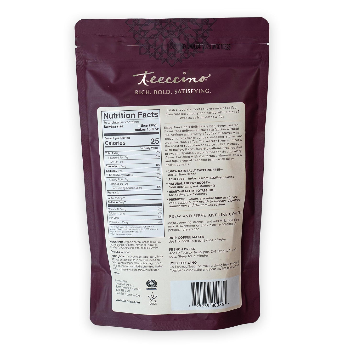Teeccino Mocha Chicory Coffee Alternative, Medium Roast, Caffeine-Free, 1.1 Pound