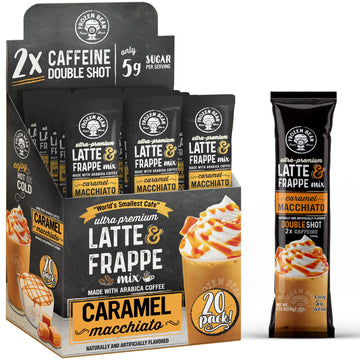The Frozen Bean Caramel Macchiato Frappe & Latte Instant Mix (20 Sticks), Made With Arabica Coffee, Double Shot Caffeine, Low Sugar & Enhanced Ingredients, Hot, Iced, Or Blended Drinks