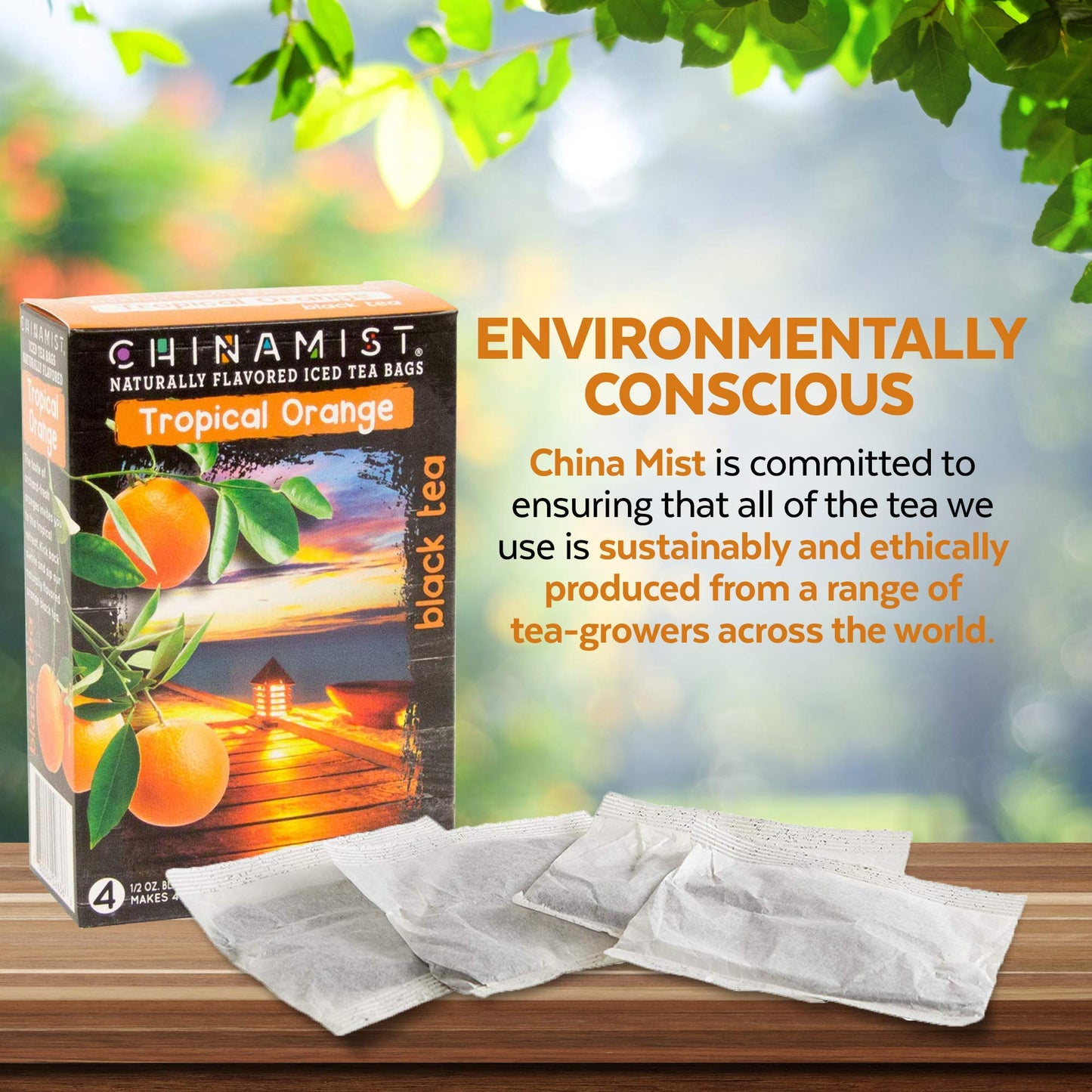 China Mist Iced Tea - Tropical Orange Black Tea Infusion - Refreshing And Delicious - Each Tea Bag Yields 1/2 Gallon - 4 Bags.