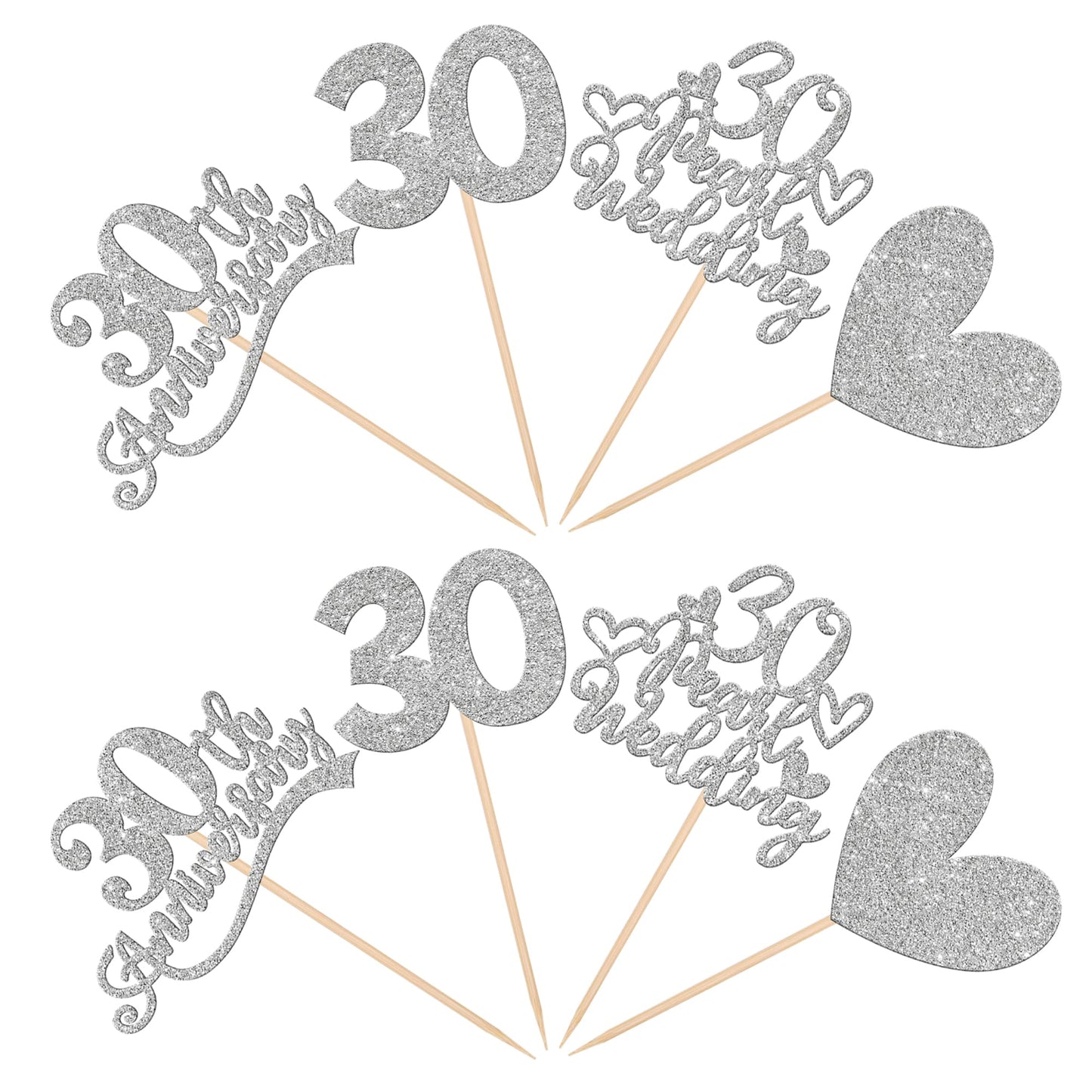 24 Pcs 30Th Anniversary Cupcake Toppers Silver Glitter Heart 30 Pearl Wedding Anniversary Cupcake Picks For Cheers To 30 Years B