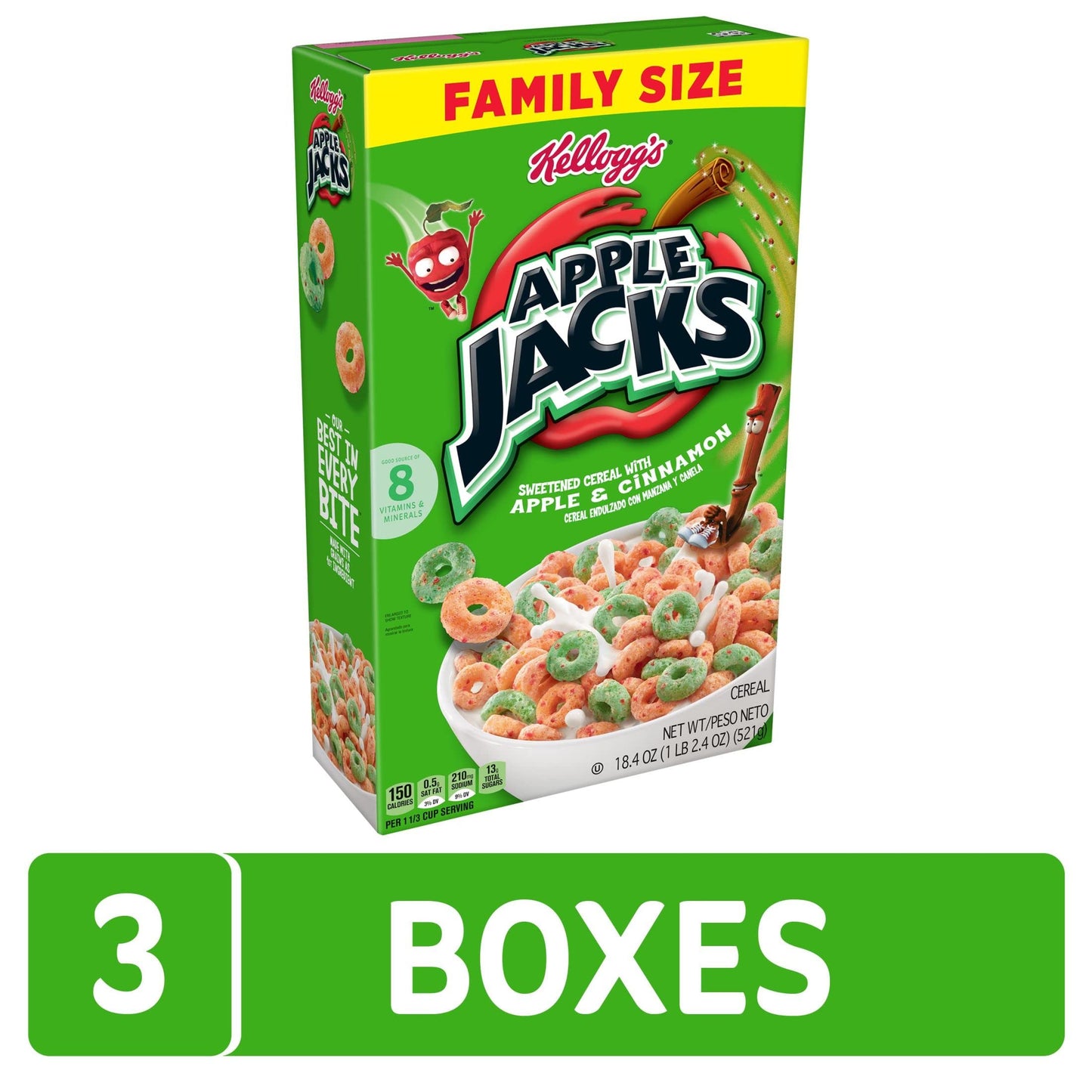 Kellogg s Apple Jacks Cold Breakfast Cereal, 8 Vitamins and Minerals, Kids Snacks, Family Size, Original (3 Boxes)
