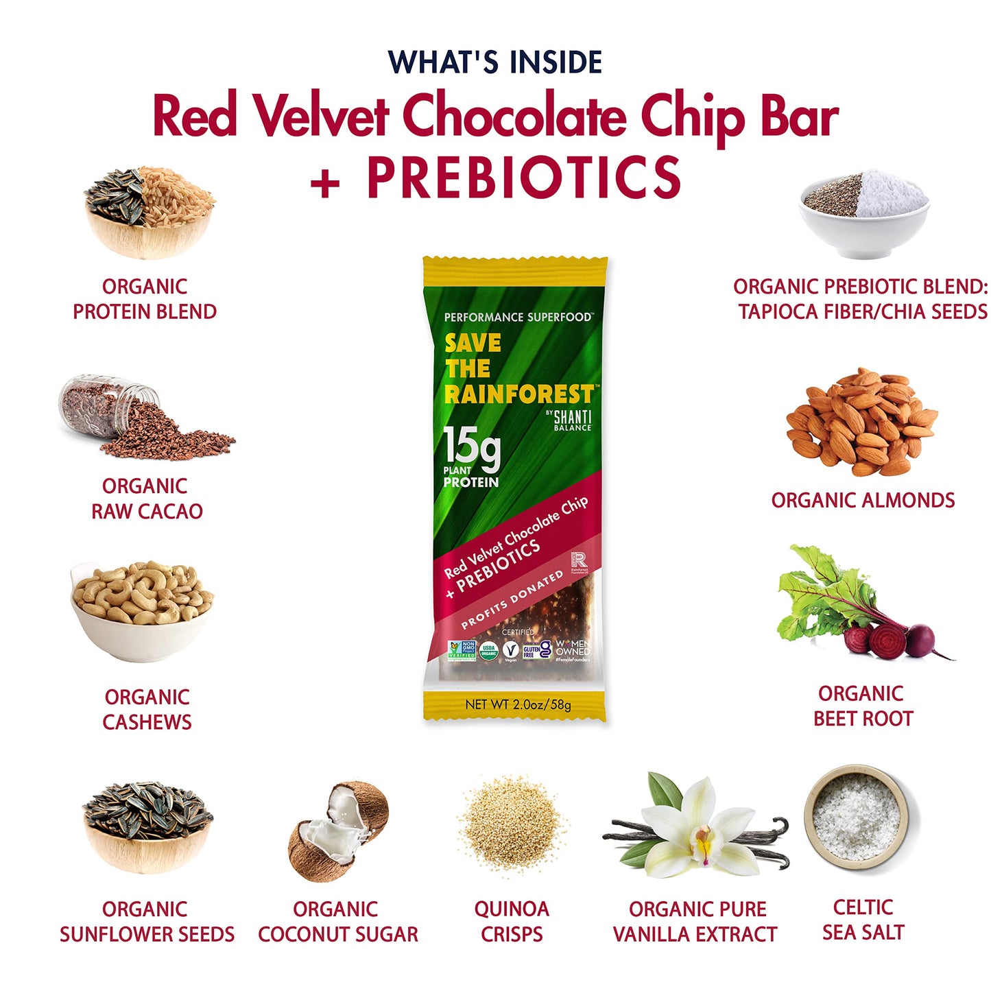 Shanti Bar Plant Protein + Immunity Superfoods, Prebiotics | Vegan, Gluten Free, Paleo, Raw Healthy Snack, Certified Organic, Low Glycemic, No Refined Sugars | Red Velvet Chocolate Chip | 12 Count