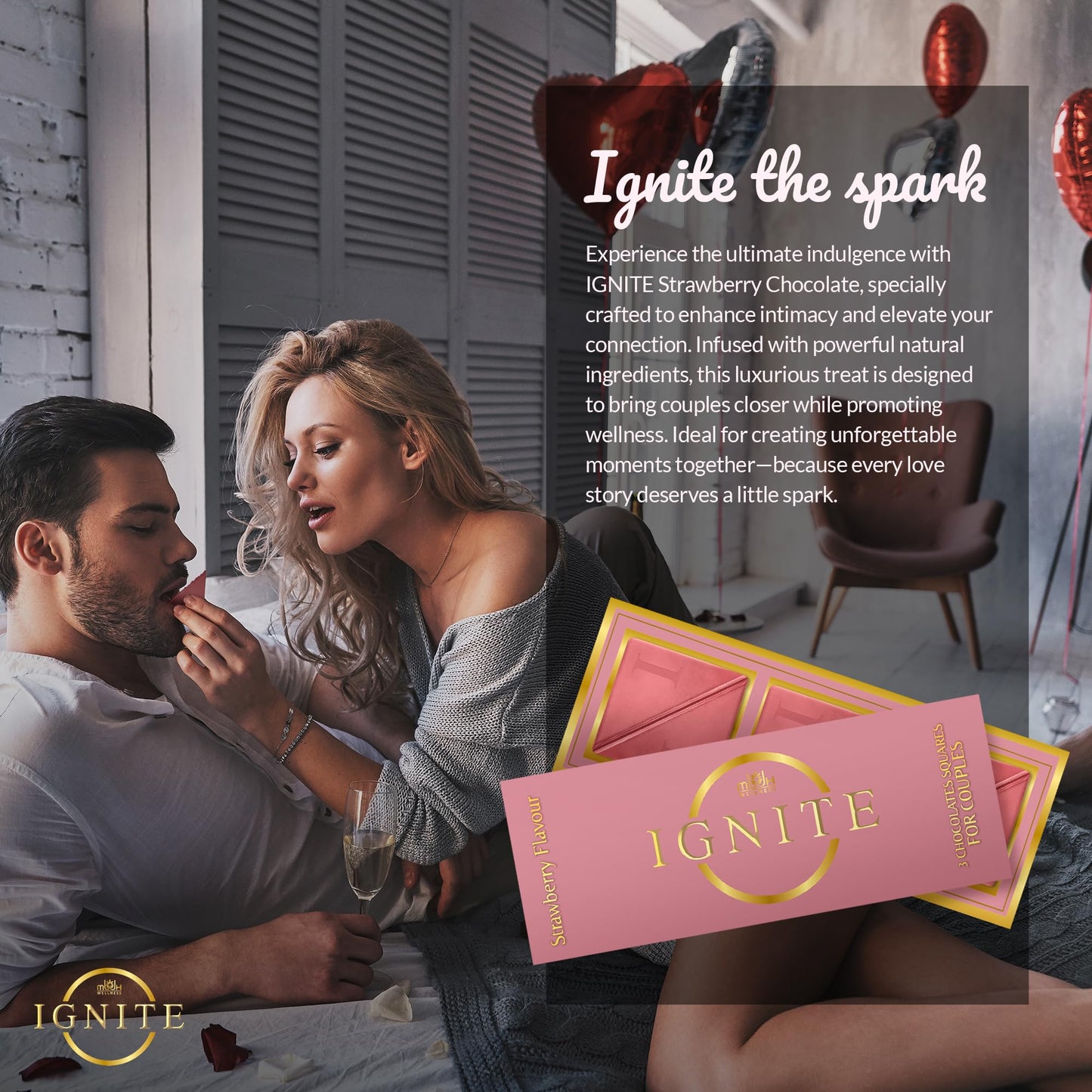 Ignite Chocolate Bars - Enhanced Strawberry Flavor Chocolate Squares For Couples - 60% Cocoa, Vegetarian - Crafted With Selected Ingredients For A Delightful Experience - Ideal For Men & Women