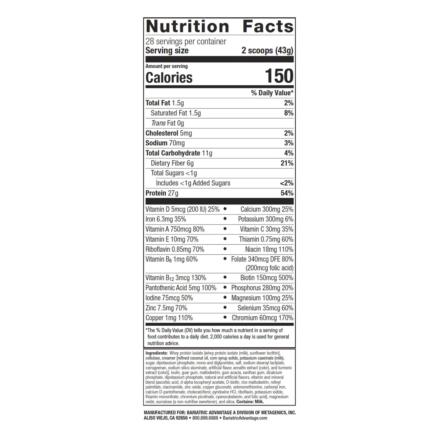 Bariatric Advantage High Protein Meal Replacement Drink Mix, 27g Protein, Lactose Free, Vanilla, 43.46 Ounce (Pack of 1)