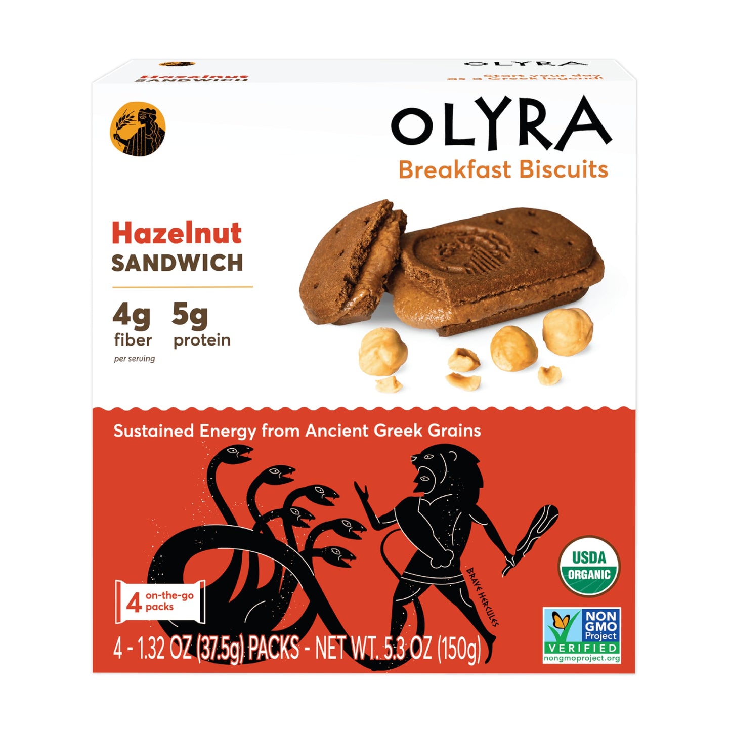 Olyra Organic Breakfast Biscuit Sandwiches | Hazelnut Cocoa | Kids Healthy Snacks, Low-Sugar, High Fiber | 4 Count (Pack of 1)