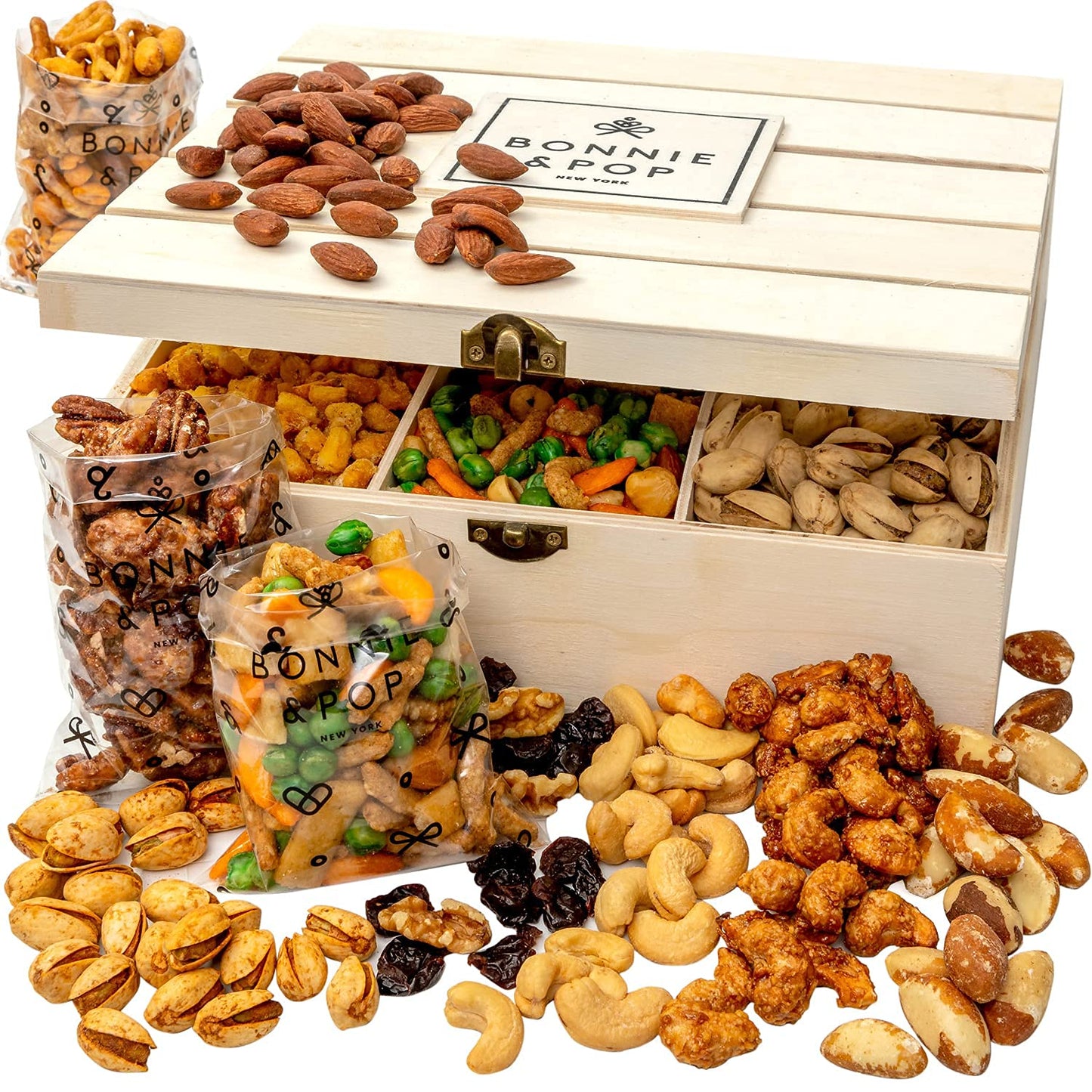 BONNIE AND POP Nut Gift Basket - Deluxe Assorted Nuts in Reusable Wood Crate for Parties, Holidays, Birthdays, Sympathy, Thank You