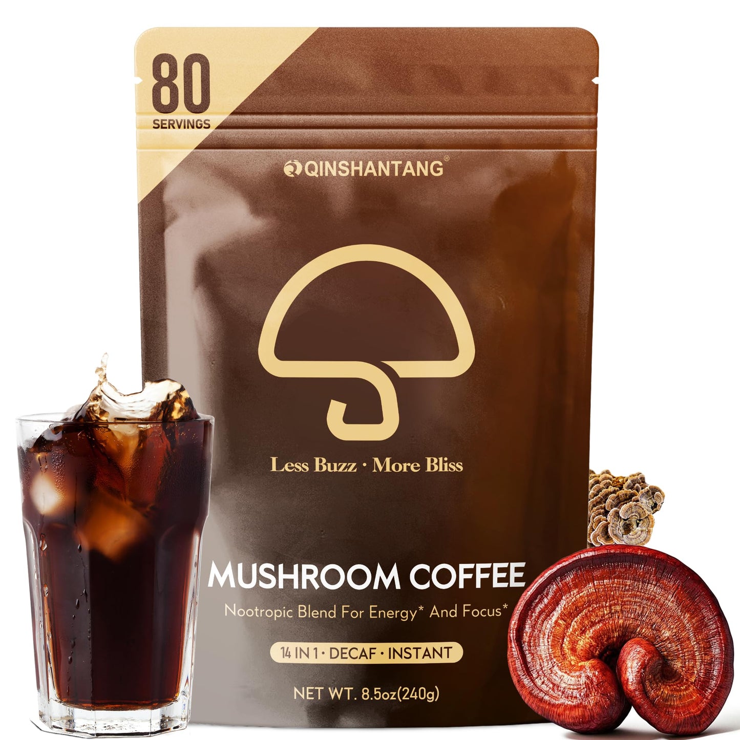 Decaf Mushroom Instant Coffee  14 Mushrooms dietary product  Large 80 Servings | Lions Mane  Reishi  Chaga  Cordyceps  Shiitake | Energy Focus Immunity | Decaffeinated Instant Coffee Powder  8.5 Oz