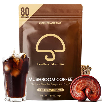 Decaf Mushroom Instant Coffee  14 Mushrooms dietary product  Large 80 Servings | Lions Mane  Reishi  Chaga  Cordyceps  Shiitake | Energy Focus Immunity | Decaffeinated Instant Coffee Powder  8.5 Oz