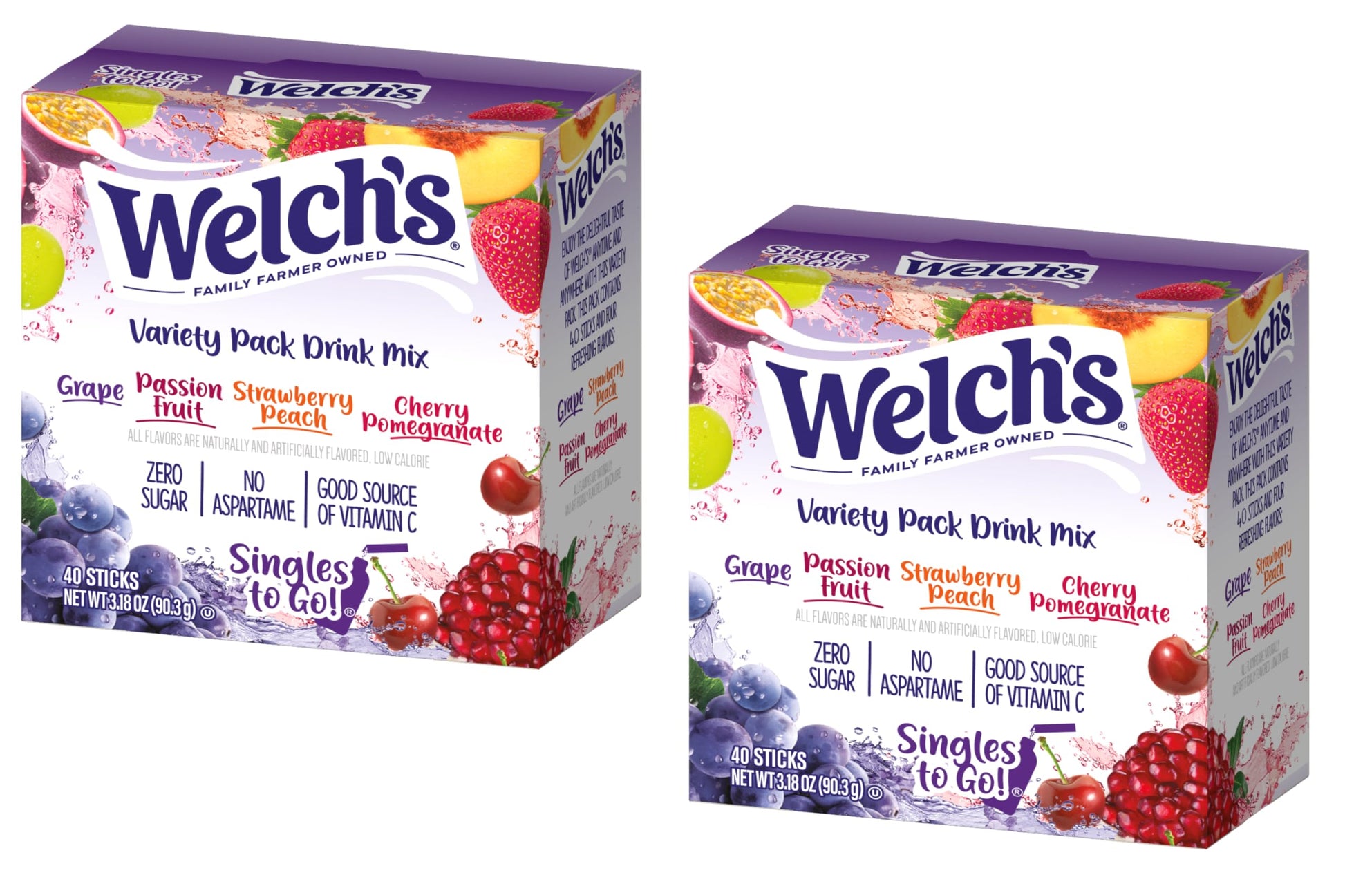 Singles To Go! WelchS Powdered Drink Mix Variety Pack - 40Ct  4 Delicious Flavor In Each Box  Grape  Passionfruit  Strawberry Peach And Cherry Pomegranate (Pack Of 2)