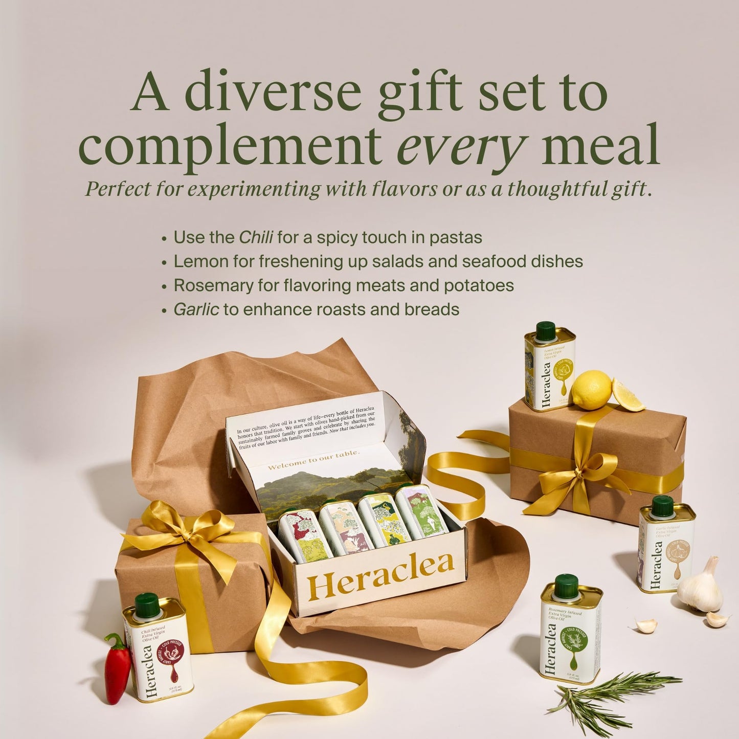 Heraclea Aegean Flavors Gift Box - 4 Infused Olive Oils - 5.9oz Bottles - Extra Virgin Olive Oil - Organic - Cold Pressed