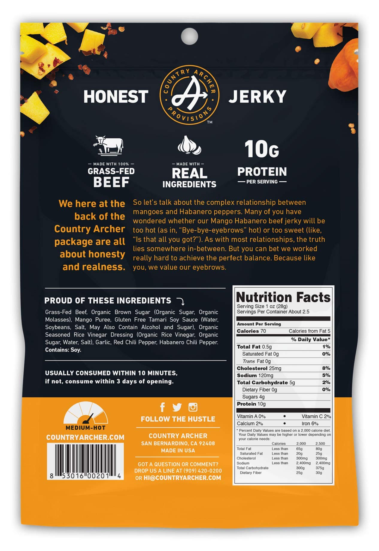Country Archer Beef Jerky Snack Pack - Mango Habanero, Gluten Free, Paleo, 2.5 oz (4 Count)