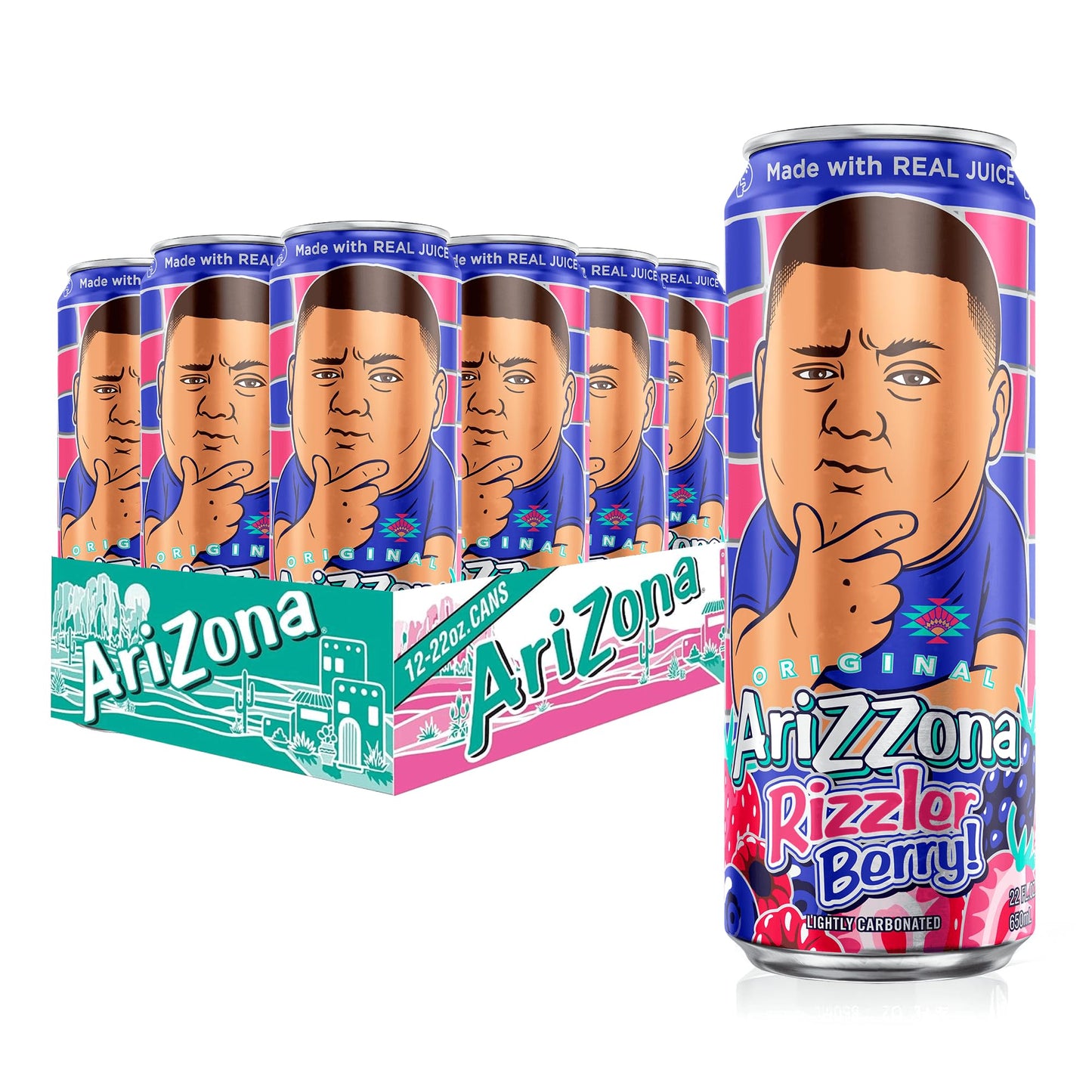 Arizona Rizzler Berry  Fruit Juice Soda Drink  Lightly Carbonated - Big Can  22 Fl Oz (Pack Of 12)