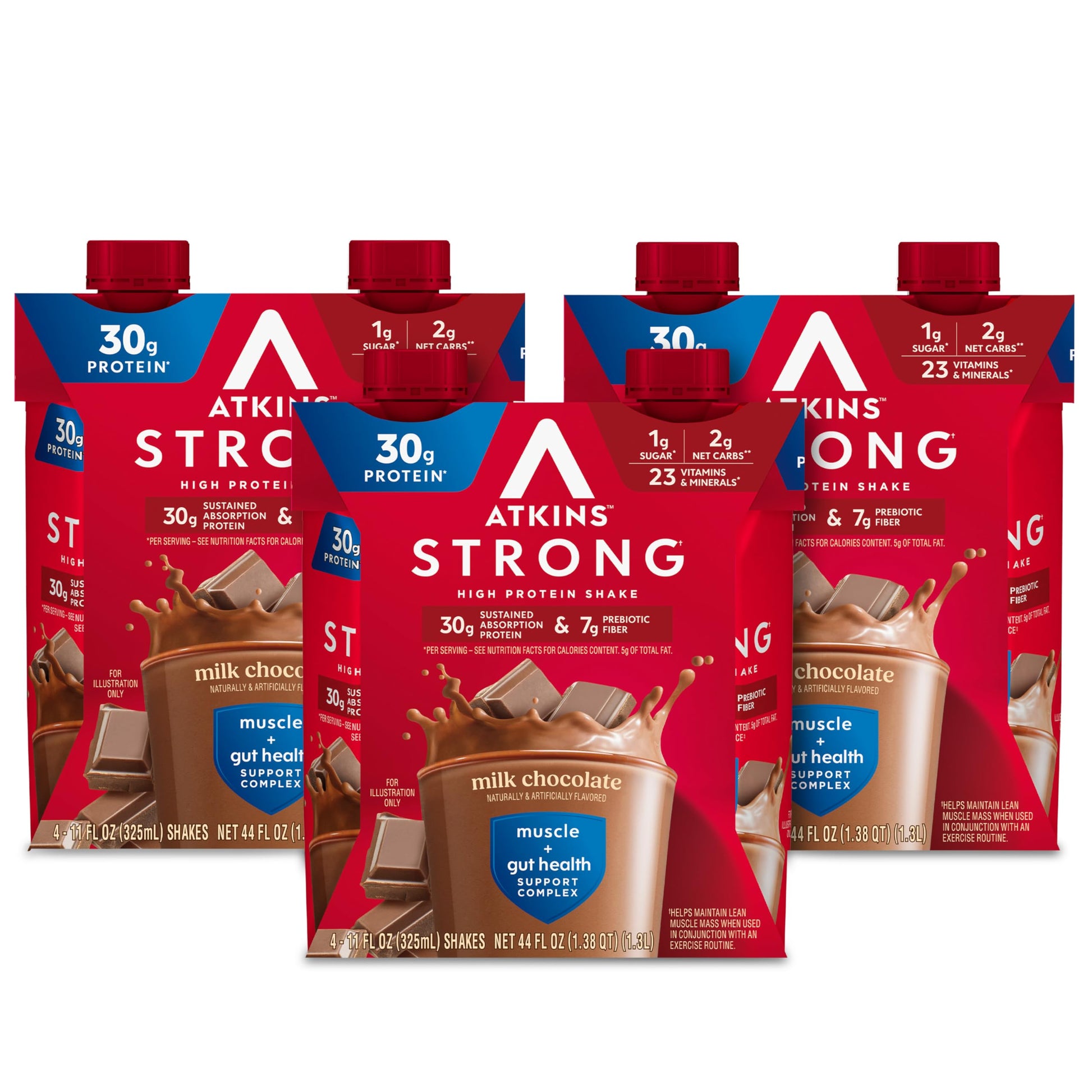 Atkins Strong High Protein Shake, Milk Chocolate, 30G Protein, 7G Prebiotic Fiber, Muscle & Gut Health Support Complex, 12 Count