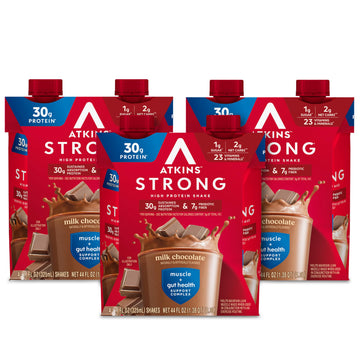 Atkins Strong High Protein Shake, Milk Chocolate, 30G Protein, 7G Prebiotic Fiber, Muscle & Gut Health Support Complex, 12 Count