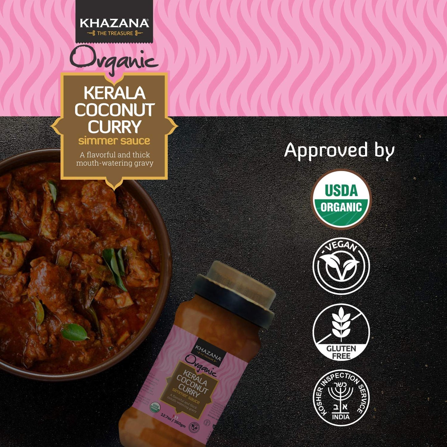 Khazana Organic Kerala Coconut Curry Indian Simmer Sauce - 6 X 12.7Oz Jars | Non-Gmo, Vegan, Gluten Free, Kosher | Authentic Ind