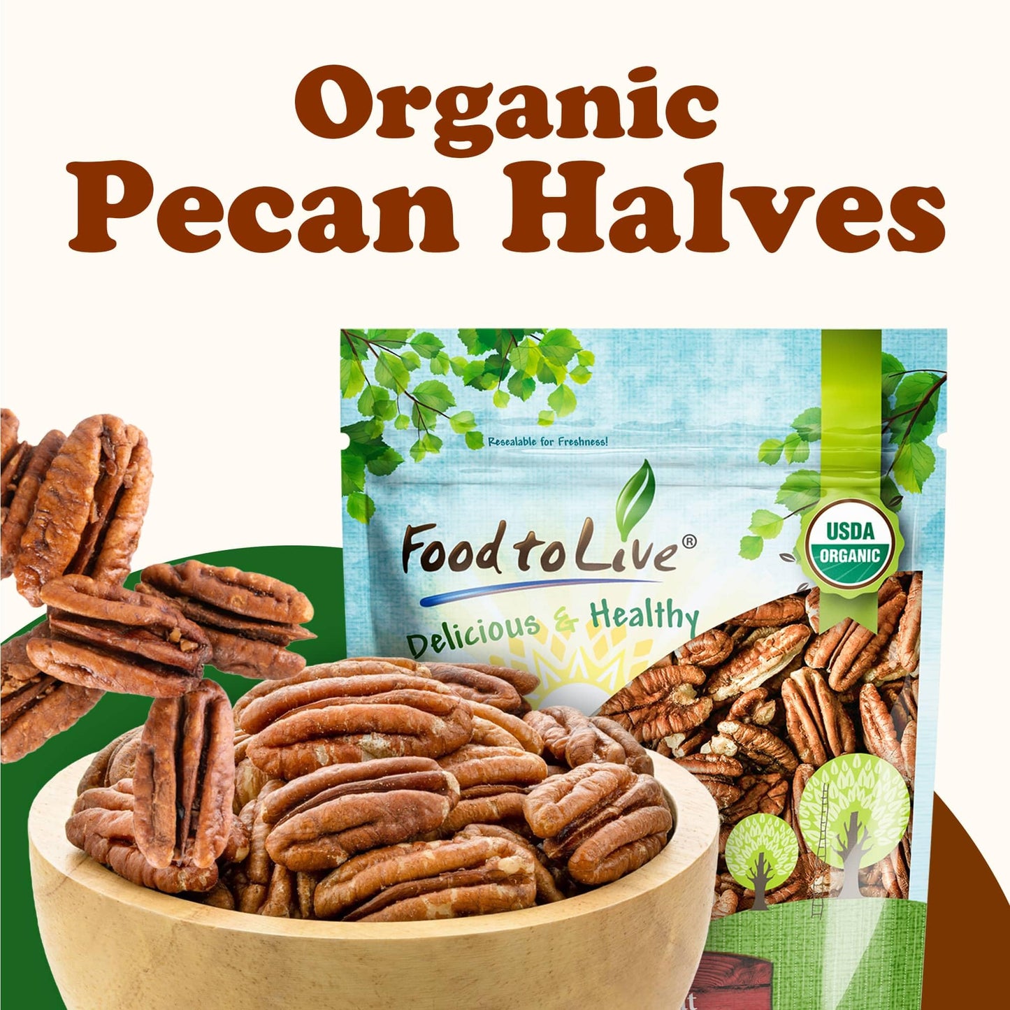 Food To Live Organic Pecan Halves, 14 Pounds - Non-Gmo, Kosher, Raw Pecan Nuts, Unsalted, Vegan, Kosher, Shelled, Sirtfood, Bulk