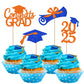 Rsstarxi Graduation Cupcake Toppers, 36 Pack, Paper, Orange Blue, Class of 2025 Cake Decorations, Diploma Cap Food Picks