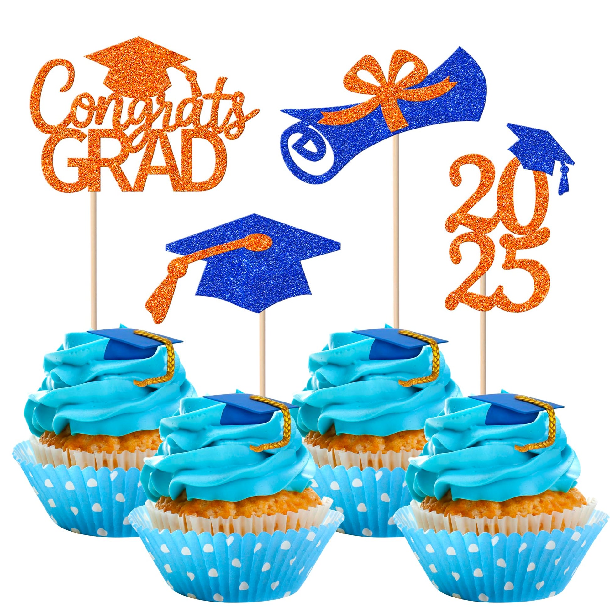 Rsstarxi Graduation Cupcake Toppers, 36 Pack, Paper, Orange Blue, Class of 2025 Cake Decorations, Diploma Cap Food Picks
