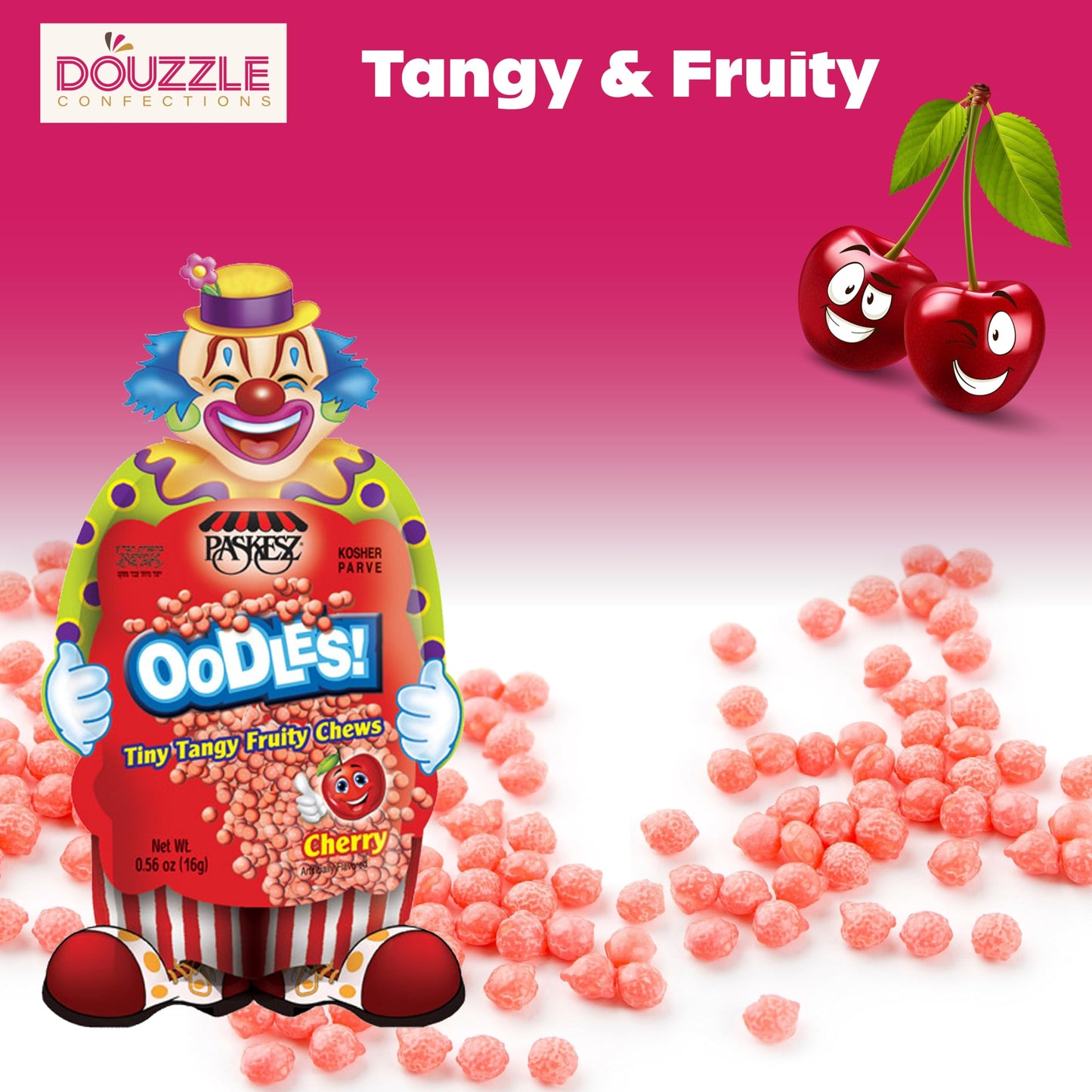 Douzzle Oodles Clown Shaped, Cherry Tiny Tangy Chews (12 Count, Pack Of 1) Individually Wrapped Candies, Birthday Party Favors,