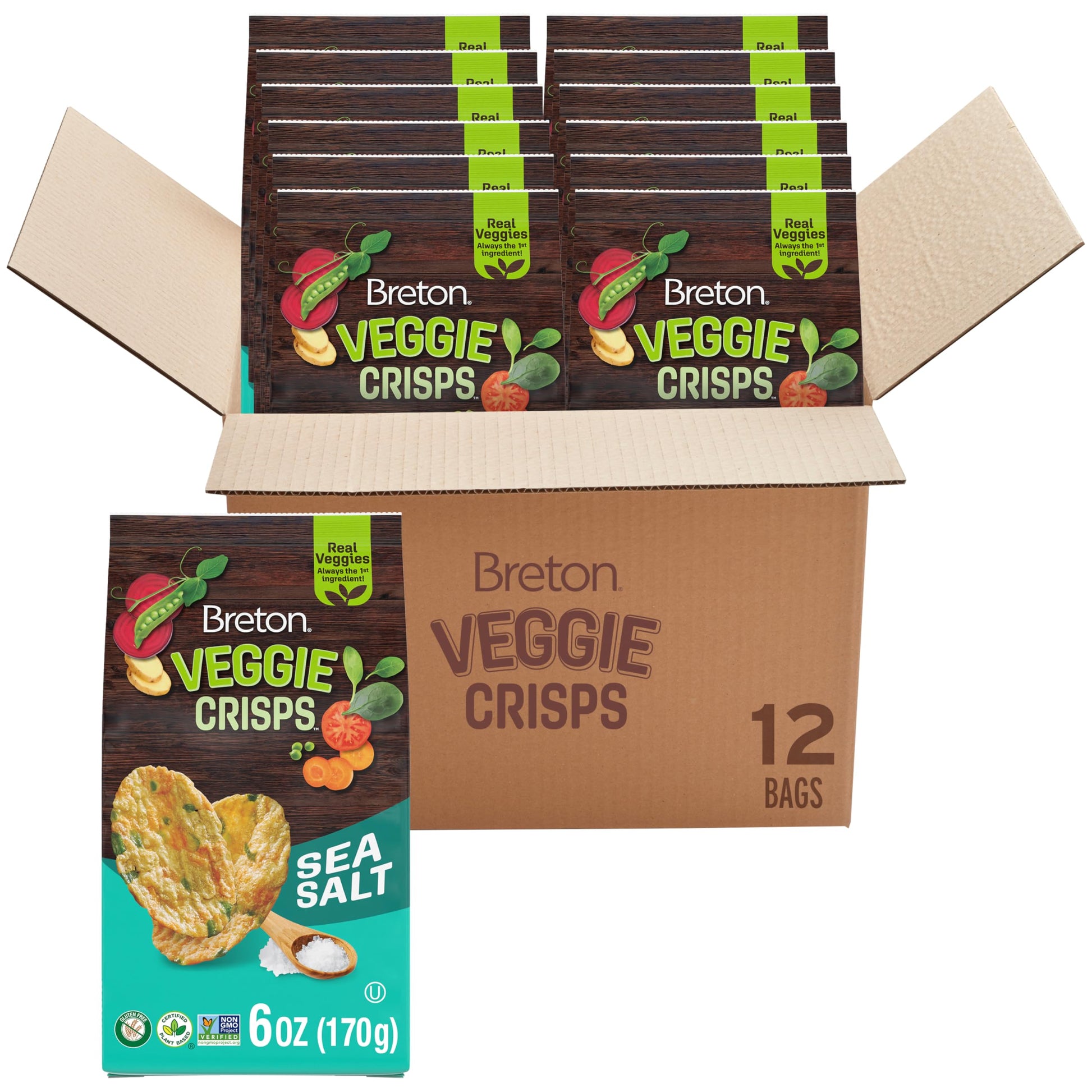 Breton Veggie Crisps Sea Salt (Pack of 12) - Popped not Fried Crisps, Made with Real Vegetables, Light and Crispy Gluten Free Ch
