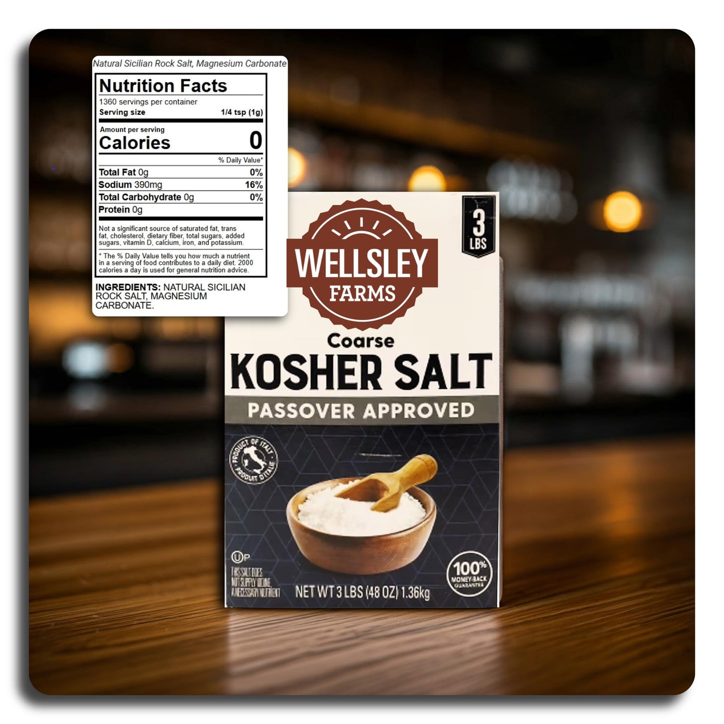 Wellsley Farms Coarse Kosher Salt, Natural Sicilian Rock Salt, 3 lb Box, Passover Approved