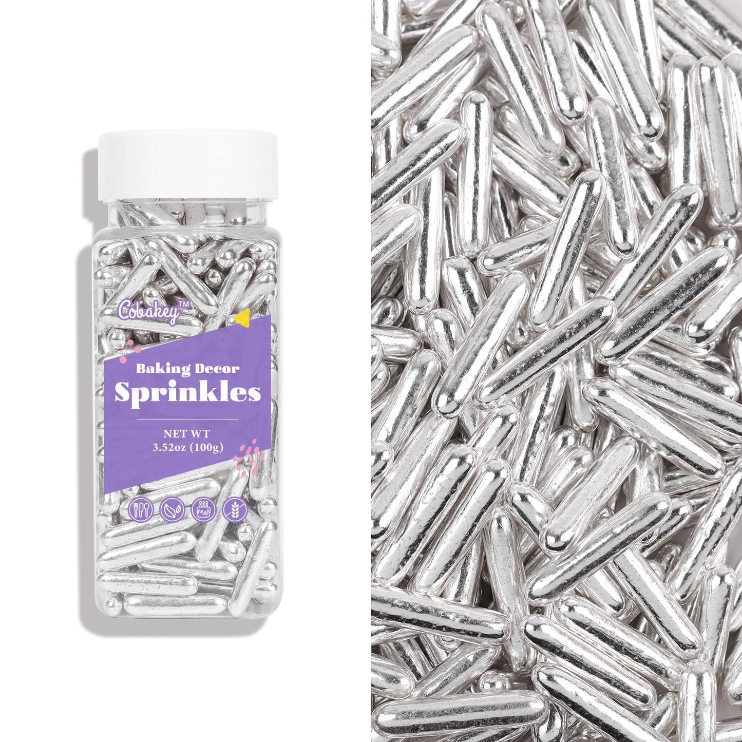 Cobakey Bright Silver Sprinkles For Cake Decorations 100G/ 3.52Oz Rods Metallic Pearl Sugar Sprinkles For Cupcake Toppers Weddin