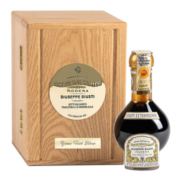 Giusti Aged Balsamic Vinegar of Modena DOP, 25 Years, 3.4 fl oz, Black, Includes Wooden Box & Personalized Plate