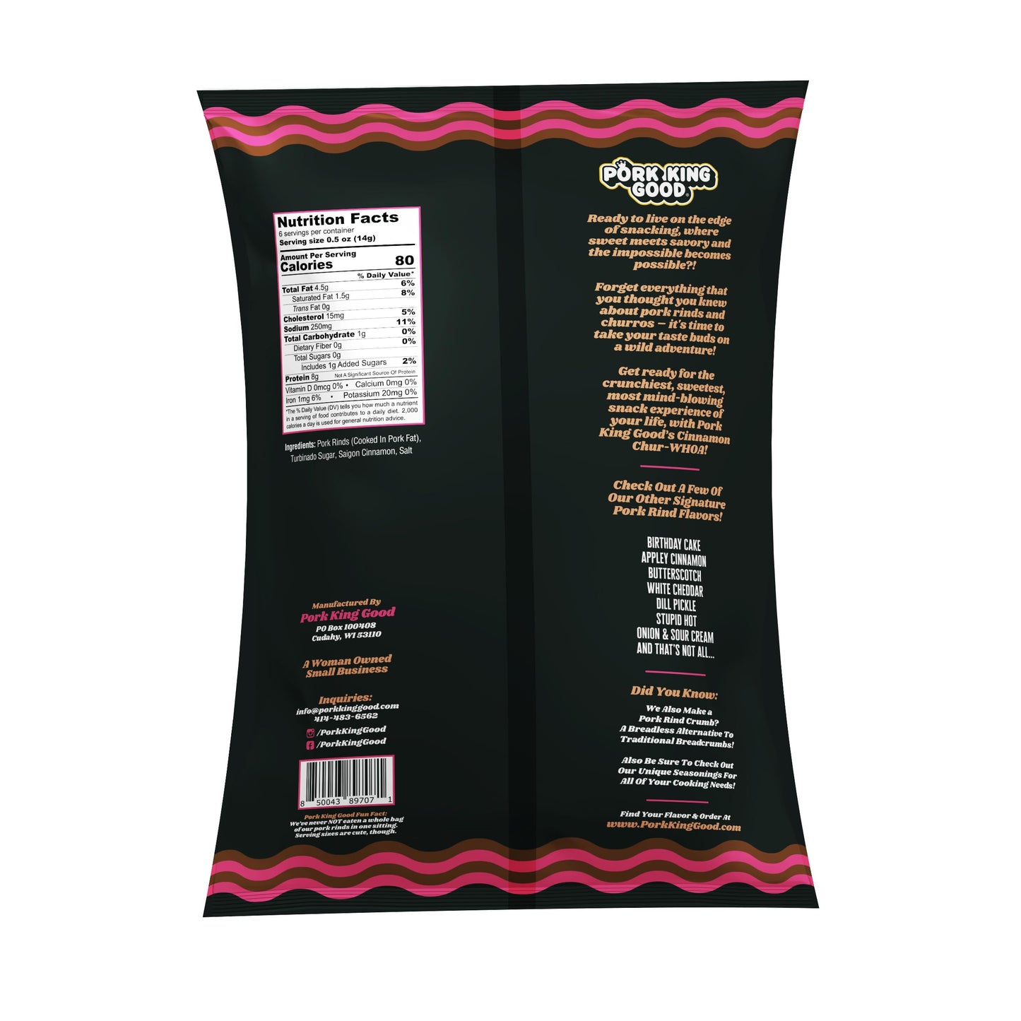 Pork King Good Cinnamon ChurWHOA 3 oz Dessert Flavored Pork Rinds - (10 Pack) Sweet and Salty, Gluten Free Snacks