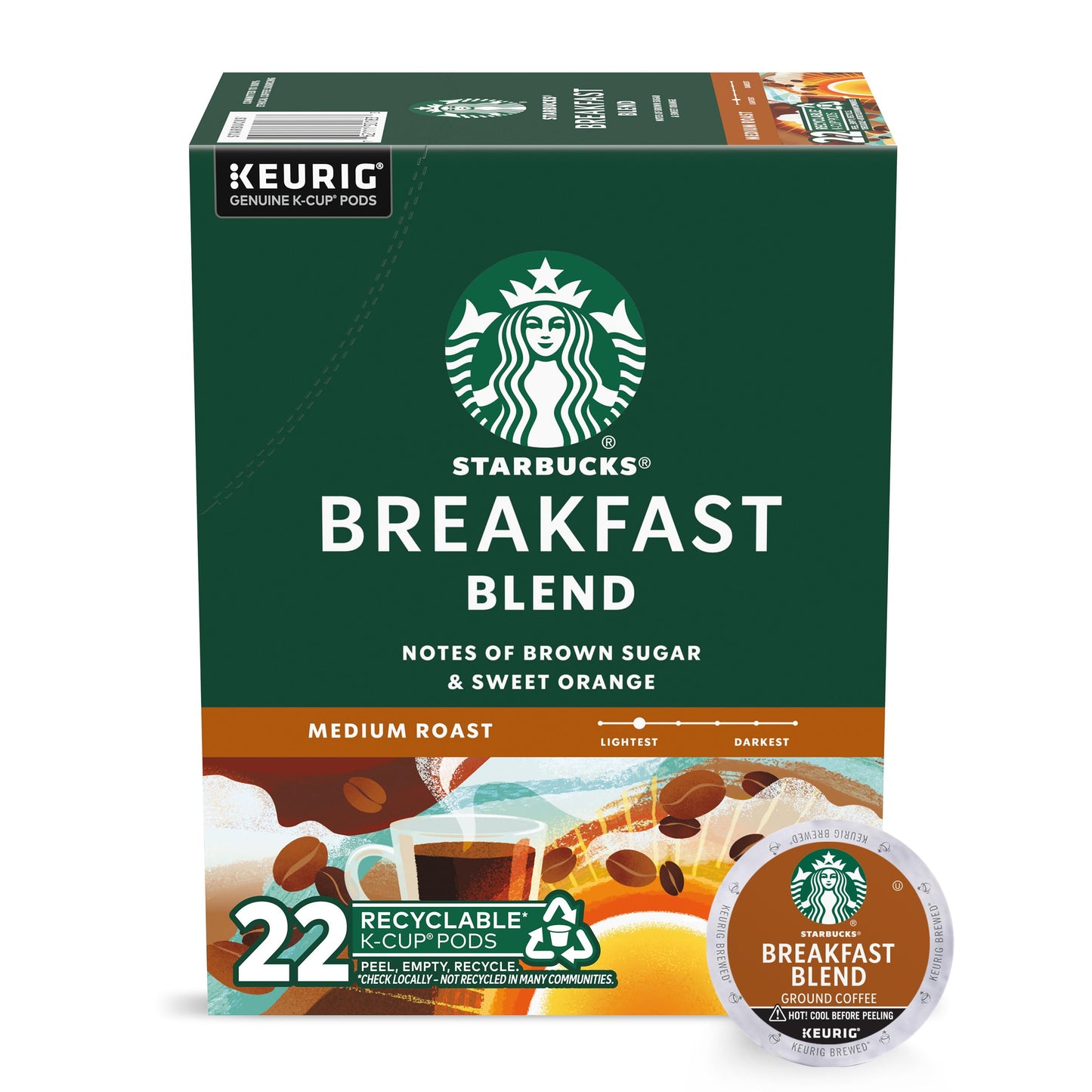 Starbucks K-Cup Coffee Pods, Medium Roast Breakfast Blend, 22 Count, 100% Arabica, Compatible with Keurig Coffee Makers