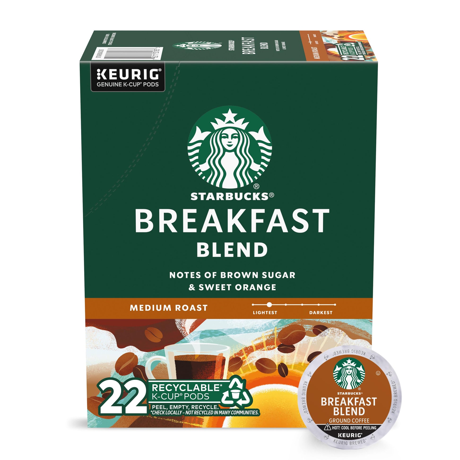 Starbucks K-Cup Coffee Pods, Medium Roast Breakfast Blend, 22 Count, 100% Arabica, Compatible with Keurig Coffee Makers