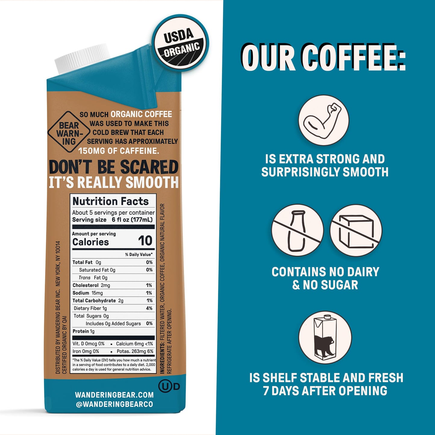 Wandering Bear Organic Vanilla Cold Brew Coffee, 32 Fl Oz, 3 Pack - Extra Strong, Bold, Smooth, Unsweetened, Shelf-Stable, Ready