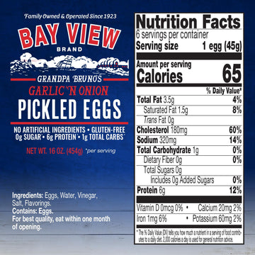 BAY VIEW BRAND Pickled Eggs, Garlic N Onion, Gluten Free, 0g Sugar, 6g Protein, 16oz