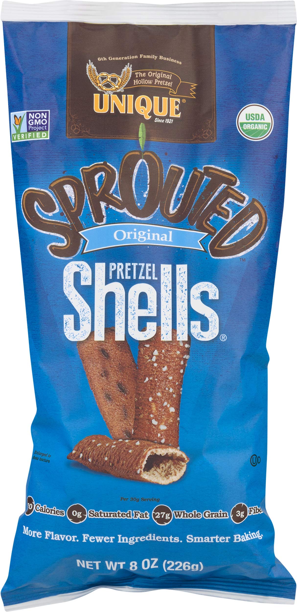 Unique Snacks Sprouted Pretzel Shells, Vegan, 8 Ounce Bag, Pack of 3, Certified OU Kosher, Non-GMO