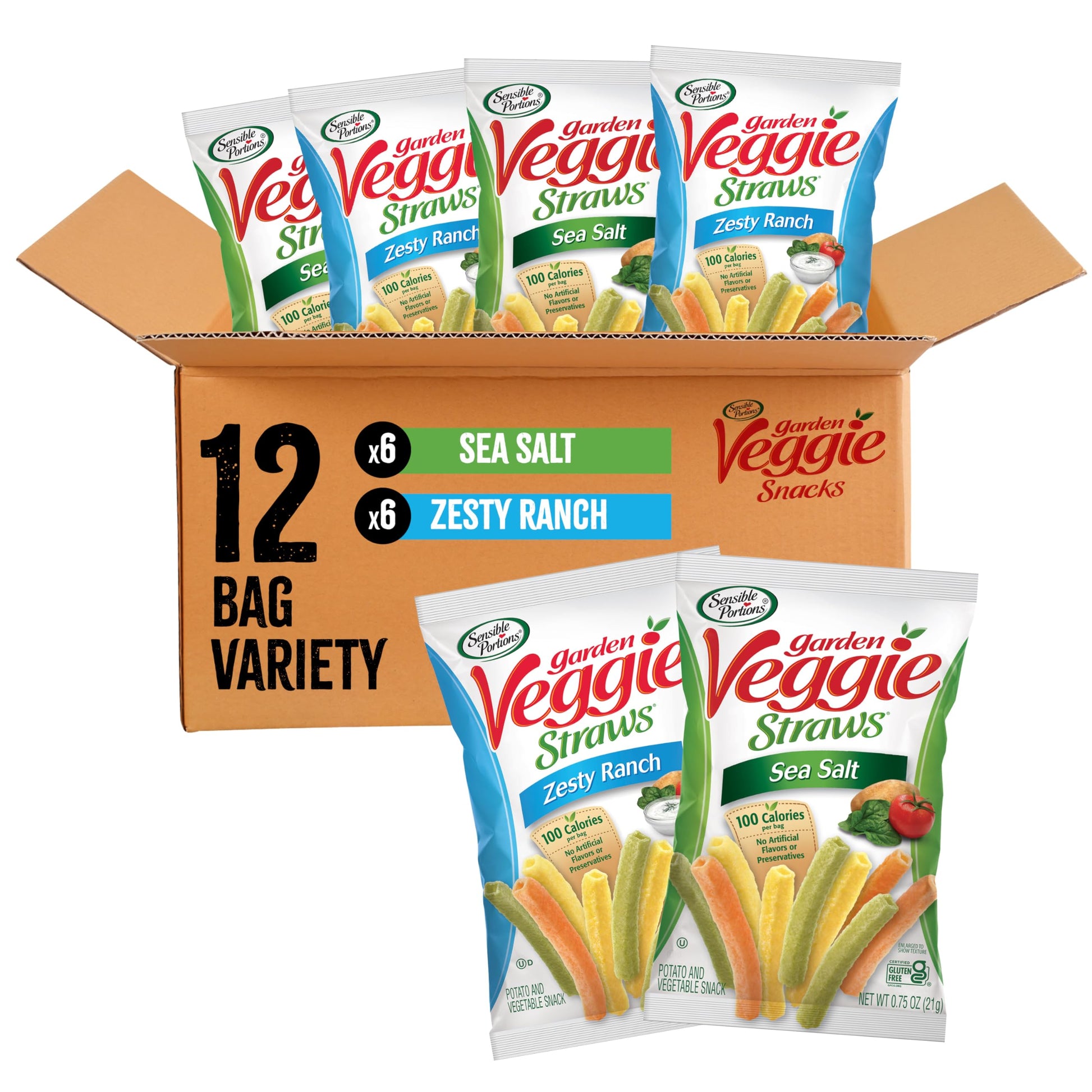 Sensible Portions Veggie Straws Multi-Pack, Sea Salt & Zesty Ranch, Kid Snacks, Veggie Snacks, 0.75 oz Bag (Pack of 12)