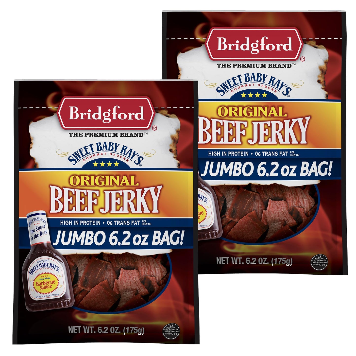 Bridgford Sweet Baby Rays Beef Jerky Original 6.2 oz Pack of 2 - Healthy High Protein Beef Jerky for Your Dietary Preferences - 