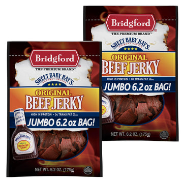 Bridgford Sweet Baby Rays Beef Jerky Original 6.2 oz Pack of 2 - Healthy High Protein Beef Jerky for Your Dietary Preferences - 