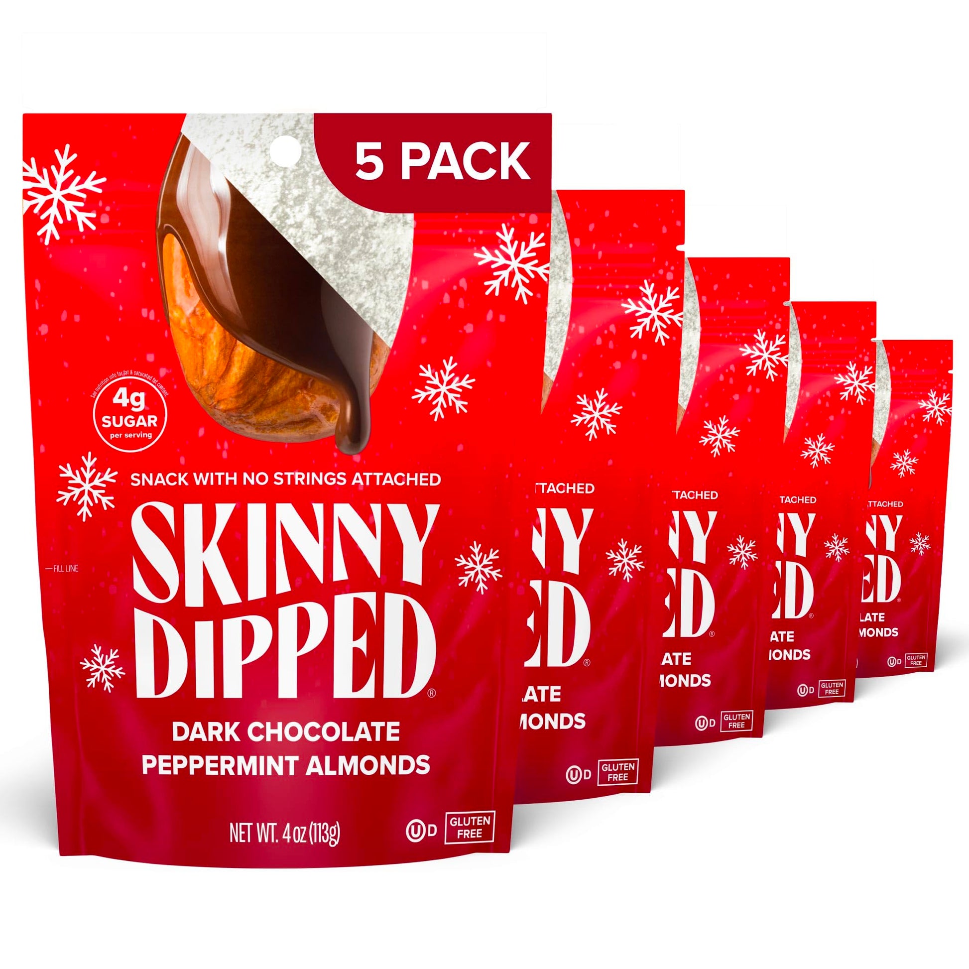 SkinnyDipped Dark Chocolate Peppermint Almonds, Healthy Snack, Plant Protein, Gluten Free, 3.5 oz Resealable Bags, Pack of 5