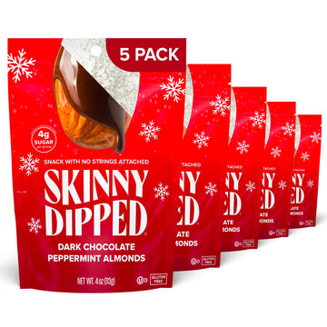 SkinnyDipped Dark Chocolate Peppermint Almonds, Healthy Snack, Plant Protein, Gluten Free, 3.5 oz Resealable Bags, Pack of 5