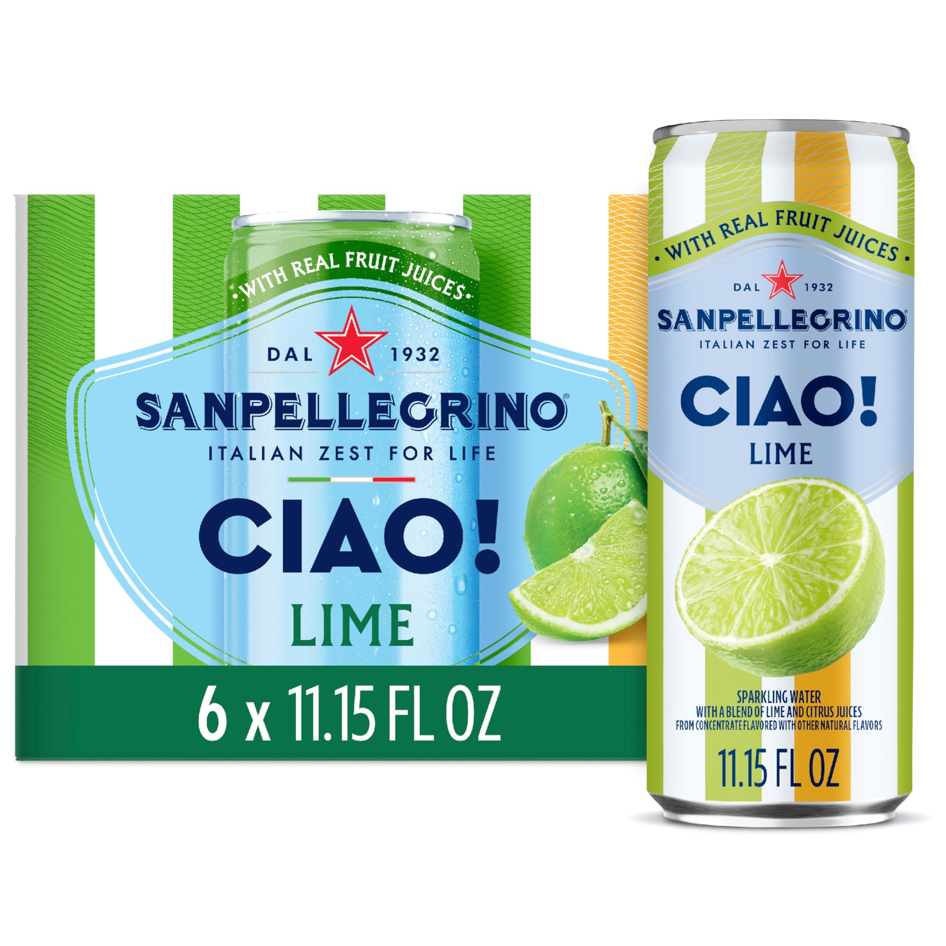 Sanpellegrino CIAO Lime Sparkling Water, Low-Calorie Italian Sparkling Water with Real Fruit Juices, 0g Added Sugar, 6-Pack