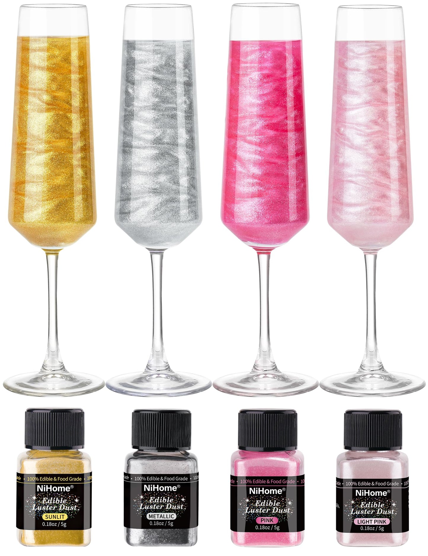 NiHome Edible Luster Dust Glitter Powder Fancy Metallic Sprinkles, Glimmer Luster Dust 4 Bottles of 0.18oz/5g for Decorating Dri