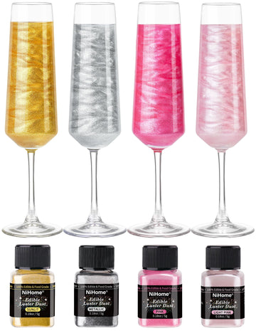 NiHome Edible Luster Dust Glitter Powder Fancy Metallic Sprinkles, Glimmer Luster Dust 4 Bottles of 0.18oz/5g for Decorating Dri