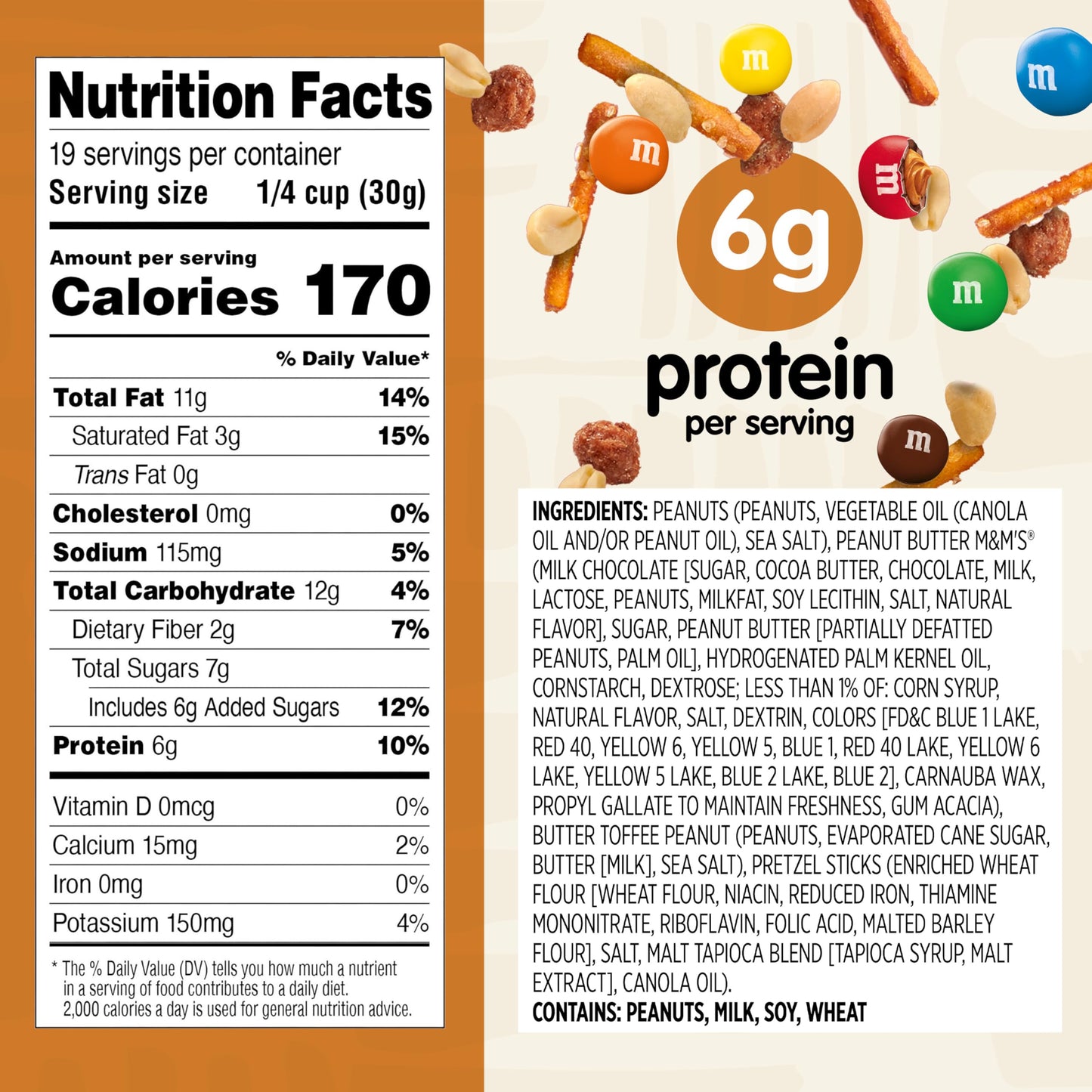 Snak Club Peanut Butter Chocolate Trail Mix with Peanuts, Peanut Butter M&MS, Toffee Peanuts, and Pretzels, 20 oz Resealable Bag