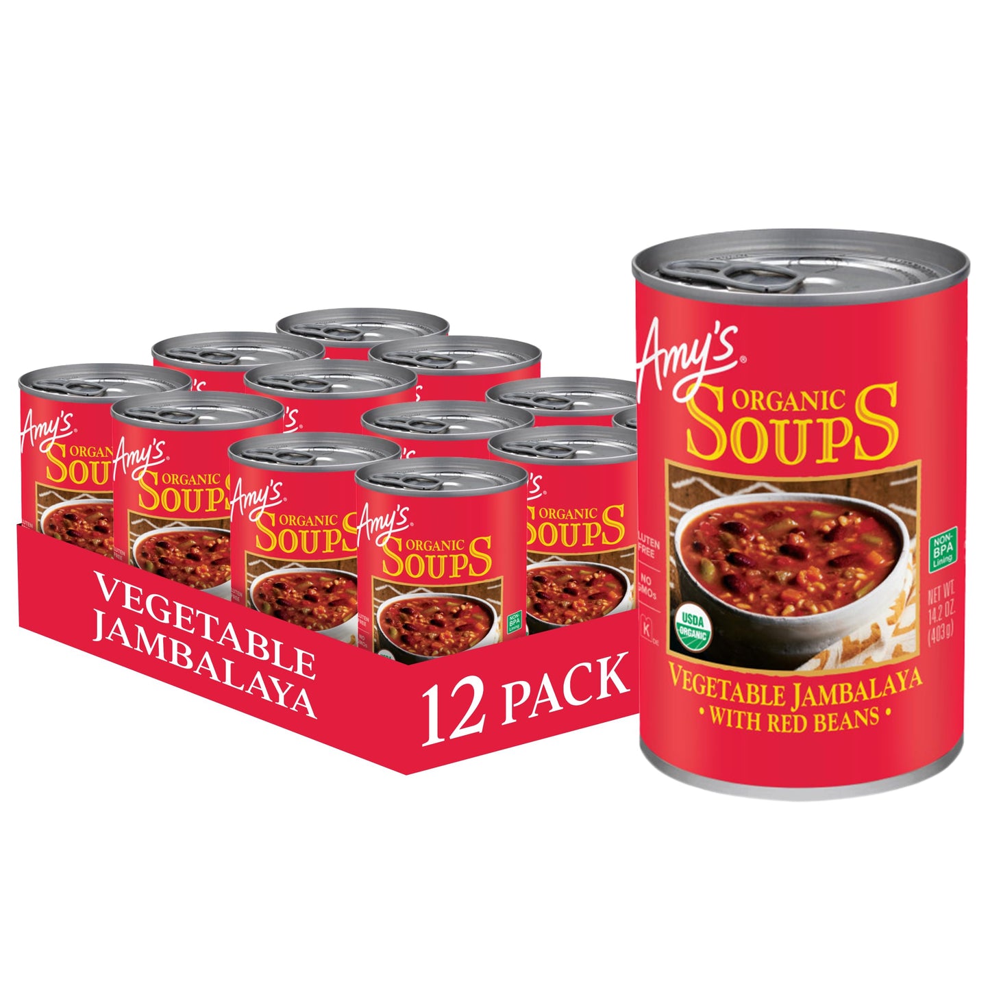 Amy's Organic Vegetable Jambalaya With Red Beans Soup, Gluten Free, Non GMO, 14.2 Ounces (Pack Of 12)