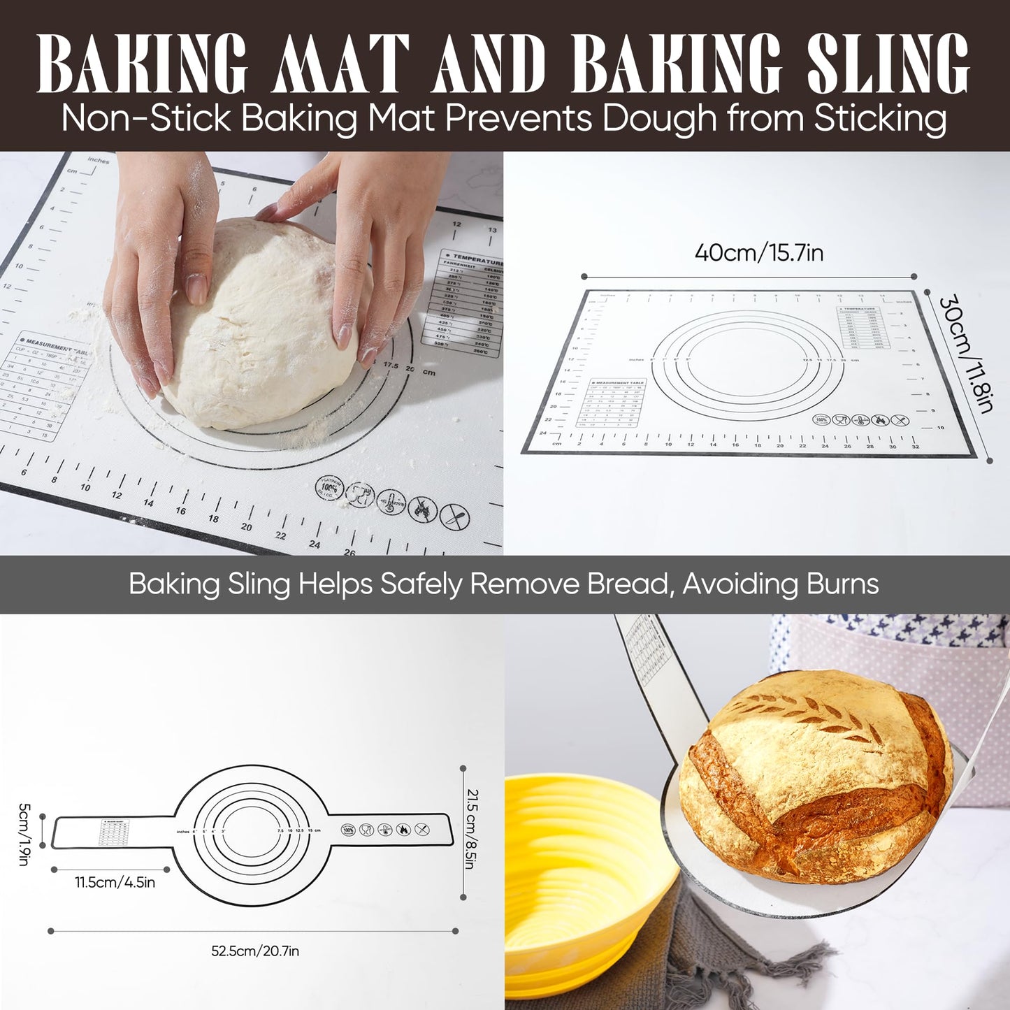 BICRET Sourdough Starter Kit – Complete Baking Supplies for Beginners, 2 Silicone Proofing Baskets, Yellow, Model FJ-3-4C