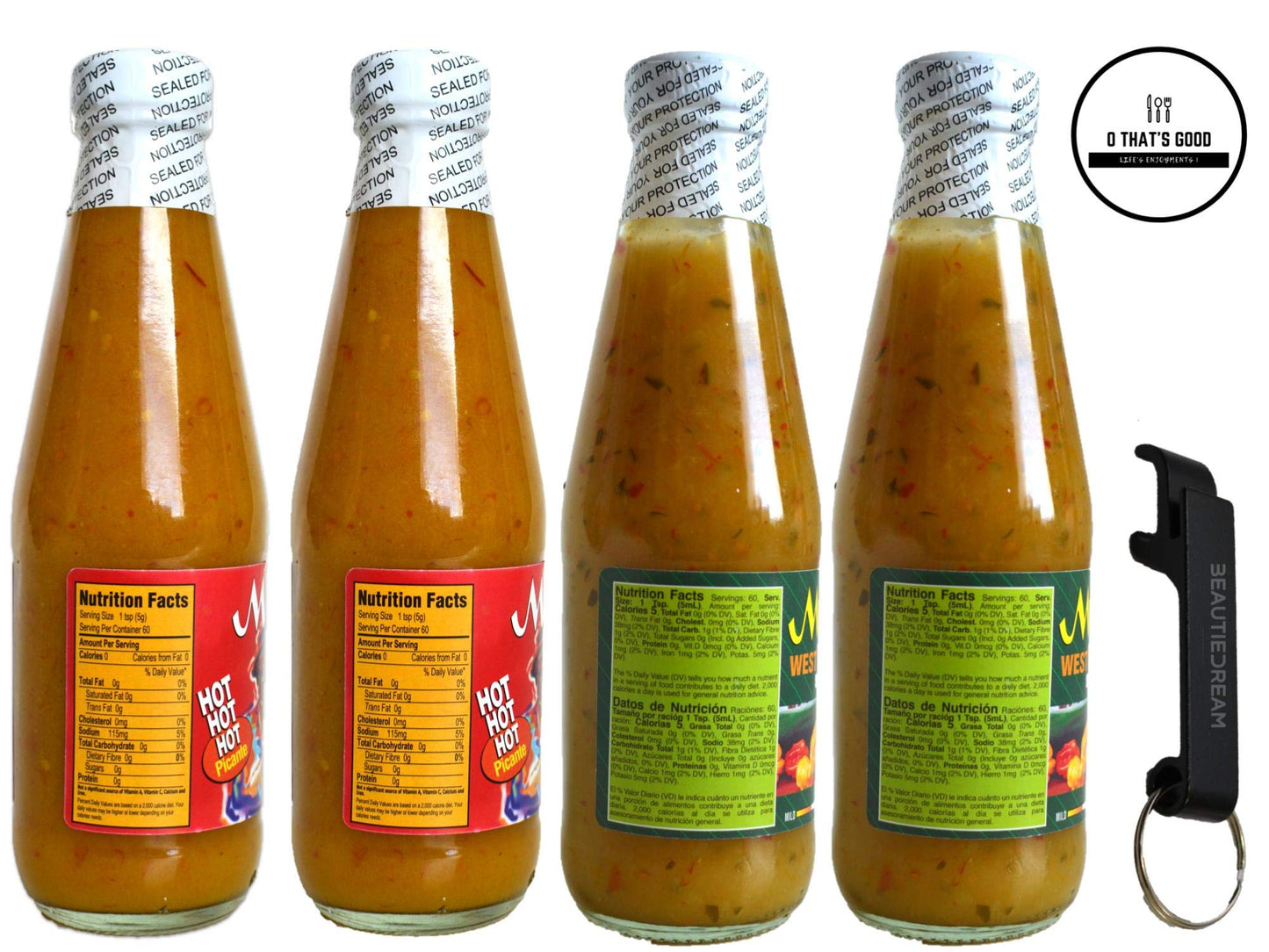 Matouks West Indian Hot Sauce and Calypso Sauce 10 Ounce (Pack of 4) with Keychain Bottle Opener in Sealed O Datz Good Packagin