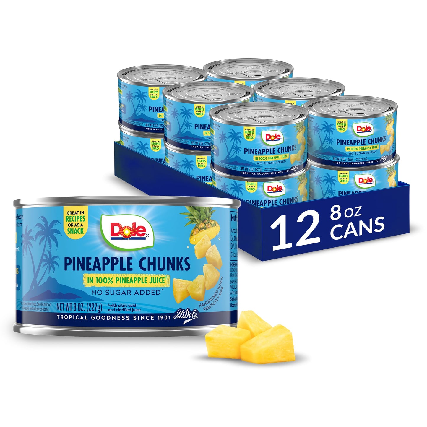 Dole Pineapple Chunks In 100% Pineapple Juice With No Sugar Added - Dole Canned Fruit - 8 Oz Cans - 12 Pack