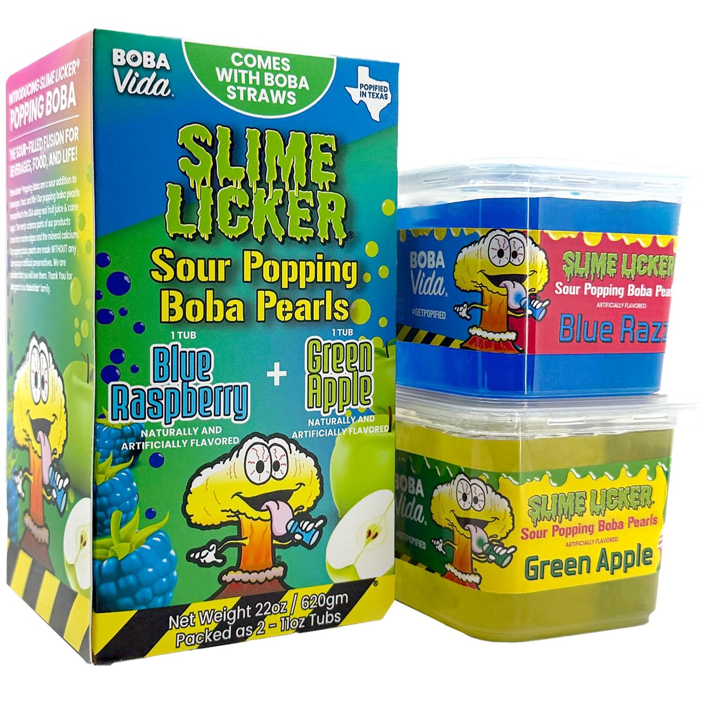 BOBAVIDA Popping Boba Pearls - Blue Raspberry & Green Apple - 2 Tubs - No Corn Syrup - Includes Straws