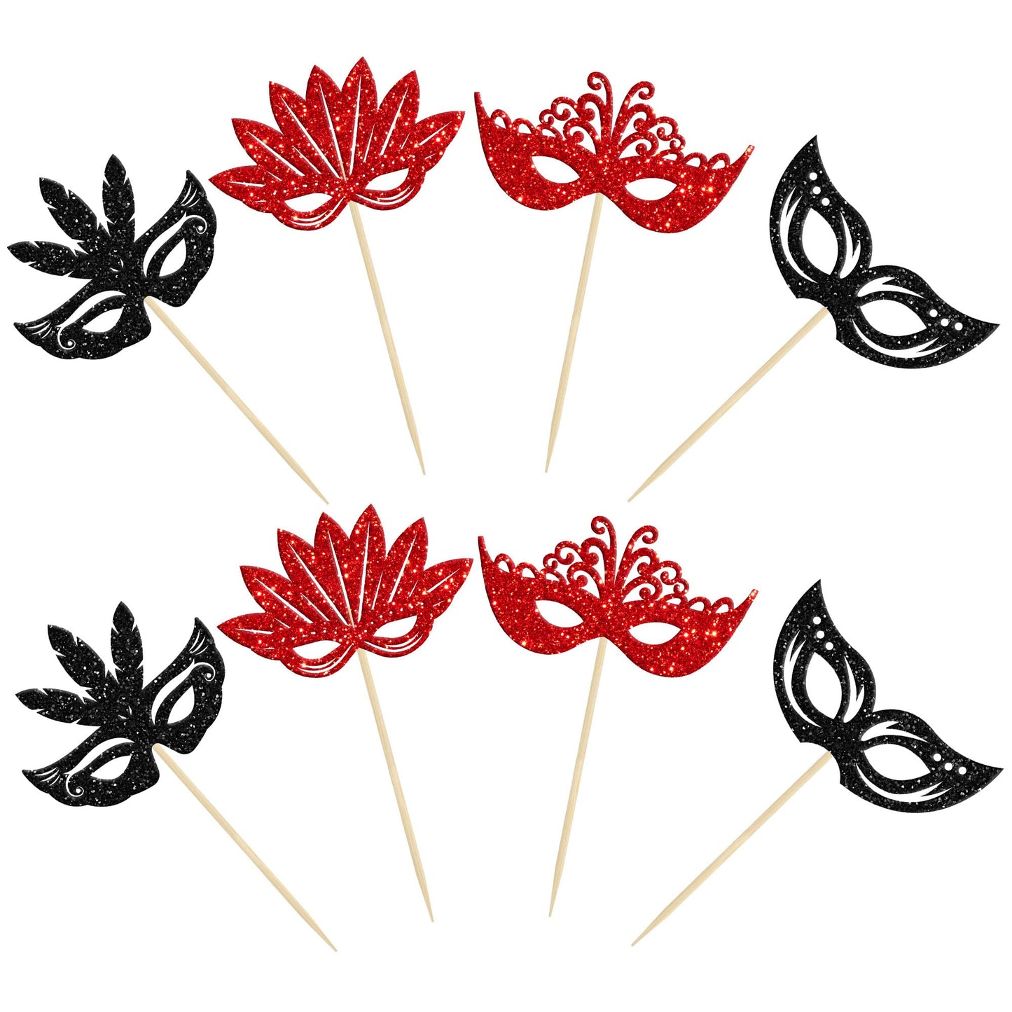 24Pcs Masquerade Masks Cupcake Toppers Black Red Glitter Mask Cupcake Picks For Masquerade Mardi Gras Party Baby Shower Birthday