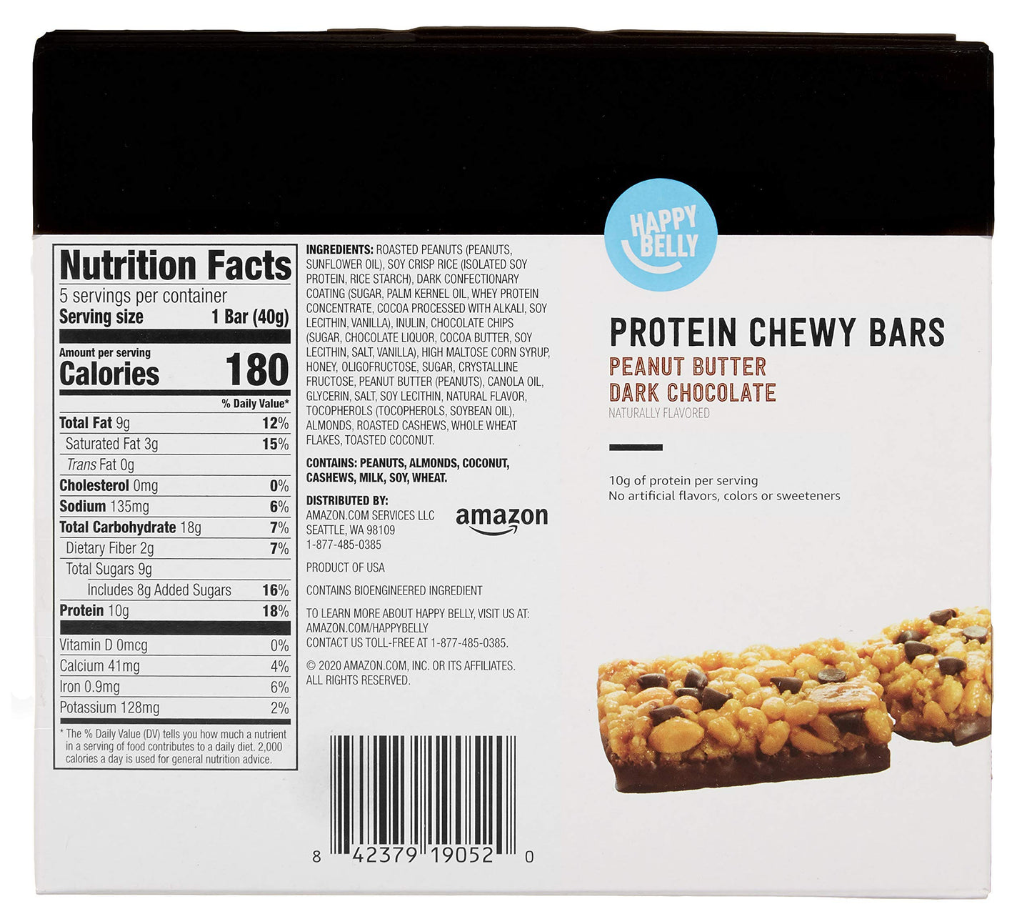 large online retailer Brand - Happy Belly Protein Chewy Bars  Peanut  Almond and Dark Chocolate  5 Count (Pack of 6)