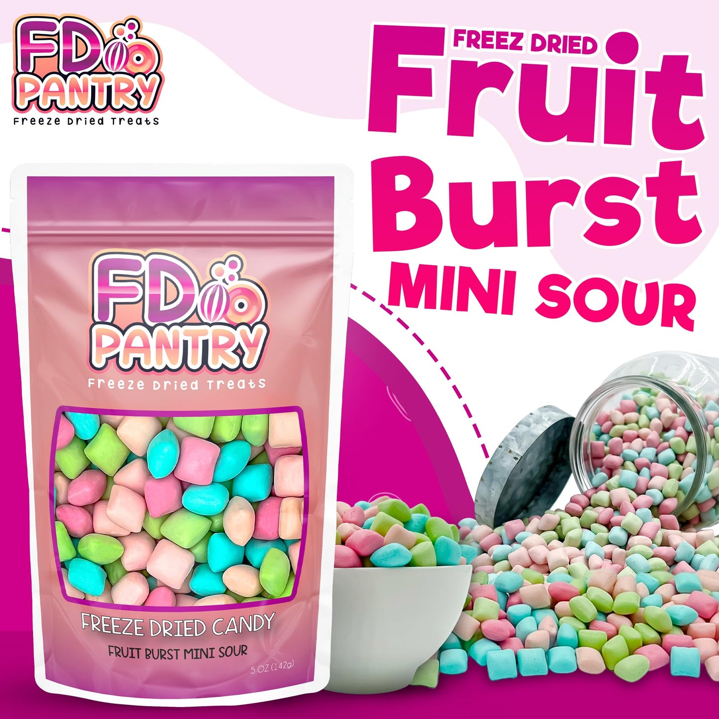 Freeze Dried Fruit Bursts Candy - Mini Sour L Hard Candy Mix 5Oz Treat Snack Gift Bag Cherry, Strawberry, Blue Raspberry, Waterm